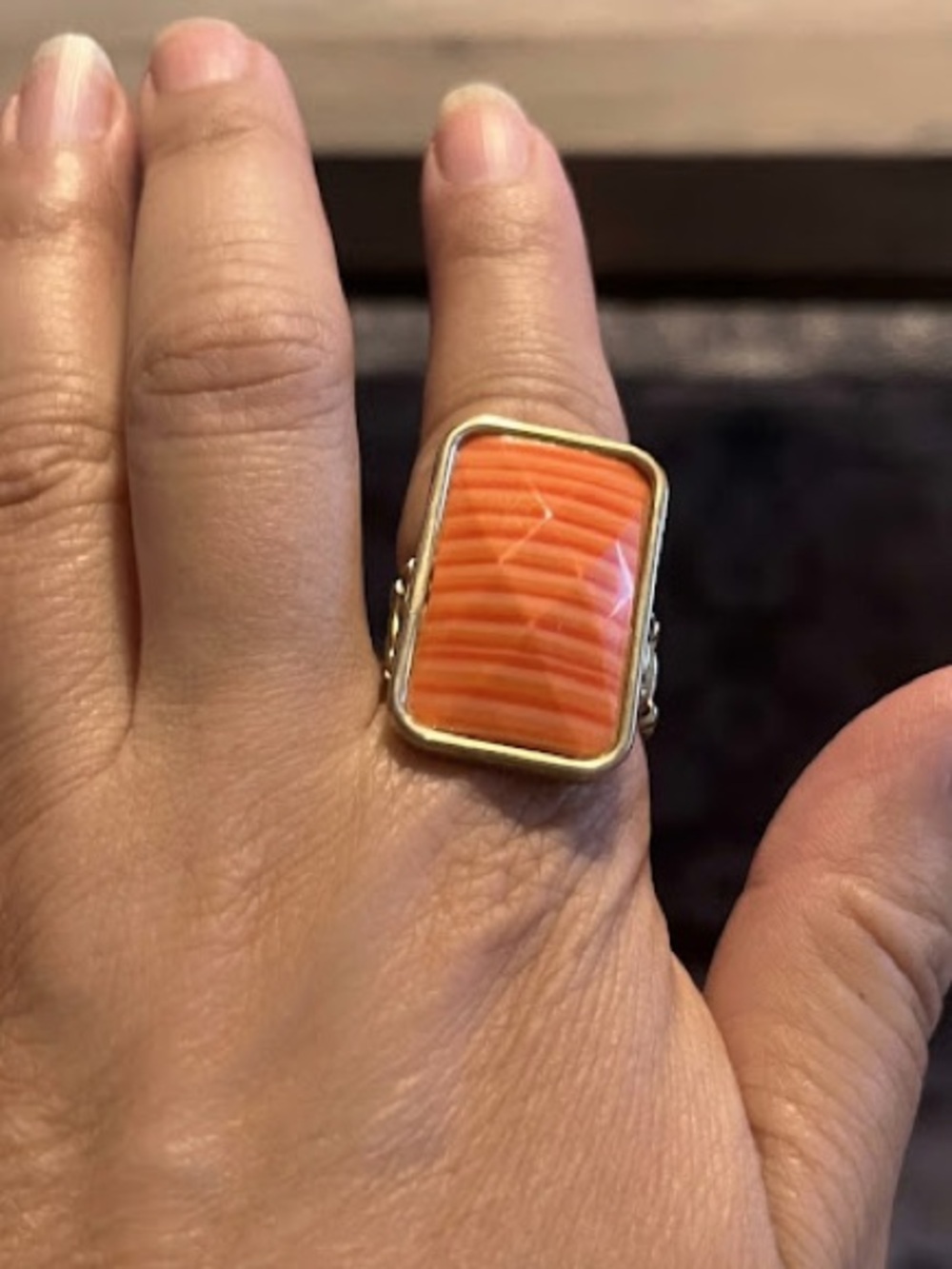 Gold-Tone Orange Rectangular Inlay Statement Ring - Picture 4 of 4